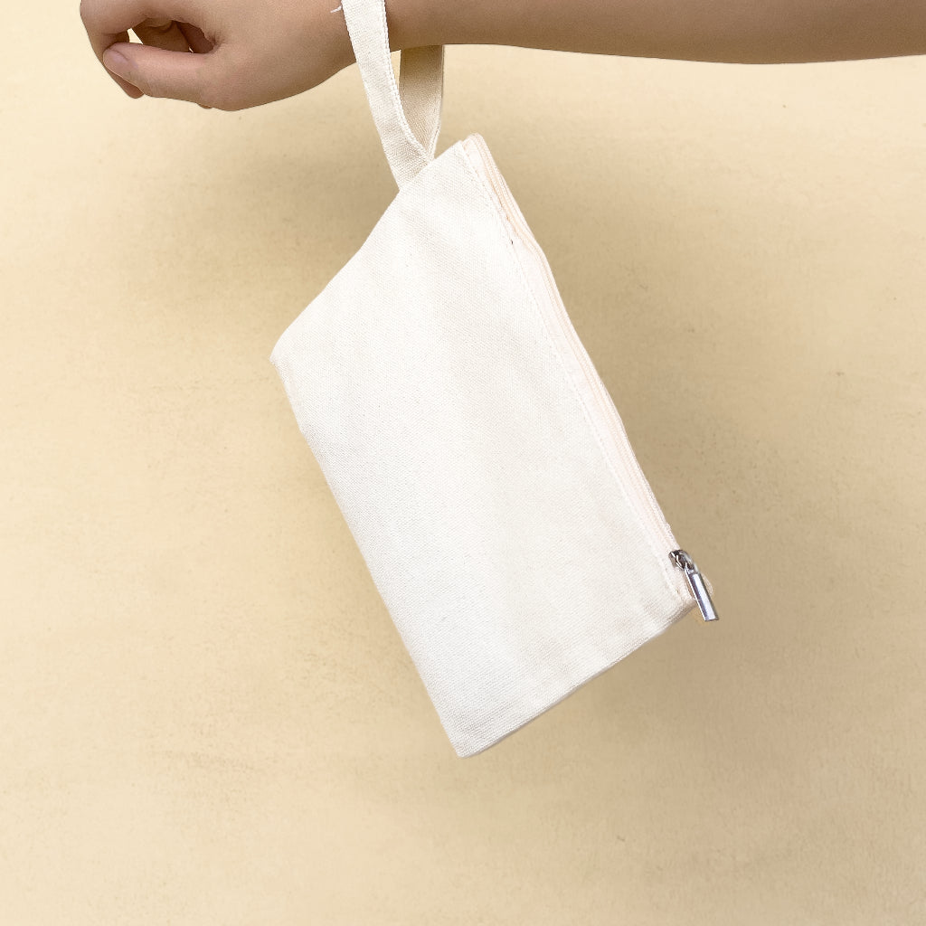 Plain Canvas Katsa Wristlet Pouch Thick Makeup Pencil Case Bag with Zipper and Strap / Handle