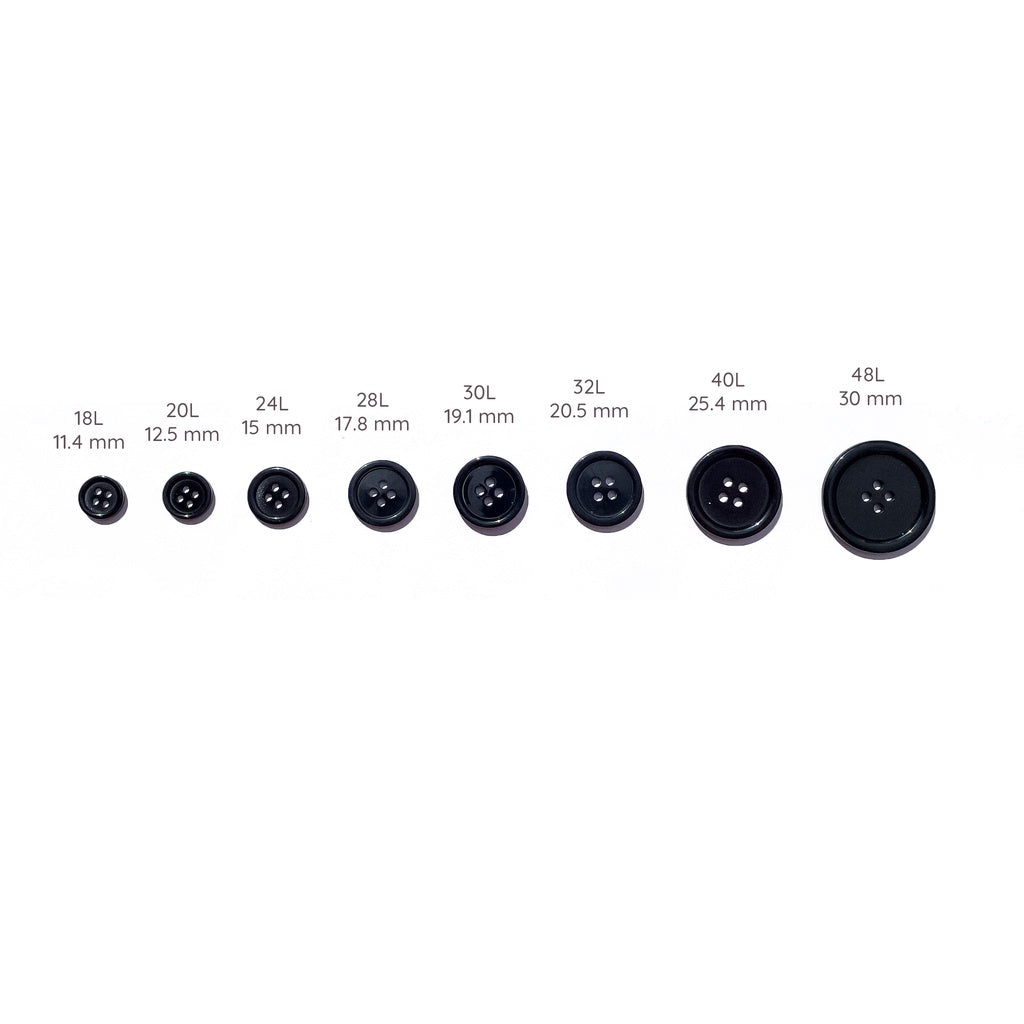 4-Hole Round Black Plastic Buttons 8mm / 11mm / 15mm / 18mm / 19mm / 20mm / 25mm / 28mm / 30mm